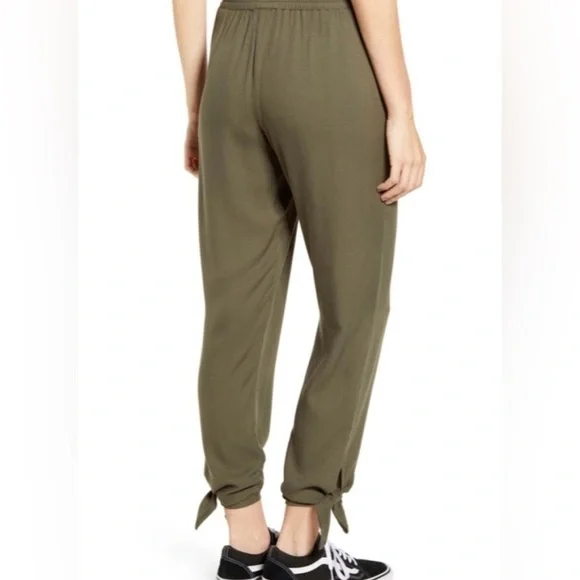 Joggers Paper Bag Waist with Elastic Pockets Side Ankle Tie Olive Green Casual - Picture 2 of 9